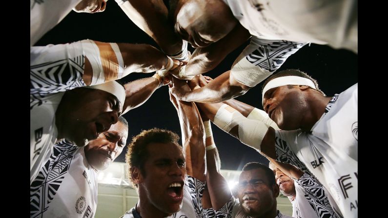 Fiji's rugby sevens team celebrates after defeating Samoa to win the Gold Coast Sevens Cup final match Sunday, October 12, in Gold Coast, Australia.
