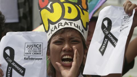 A protest takes place on October 14, 2014. at the U.S. Embassy in Manila, Philippines, against the killing of a transgender. 