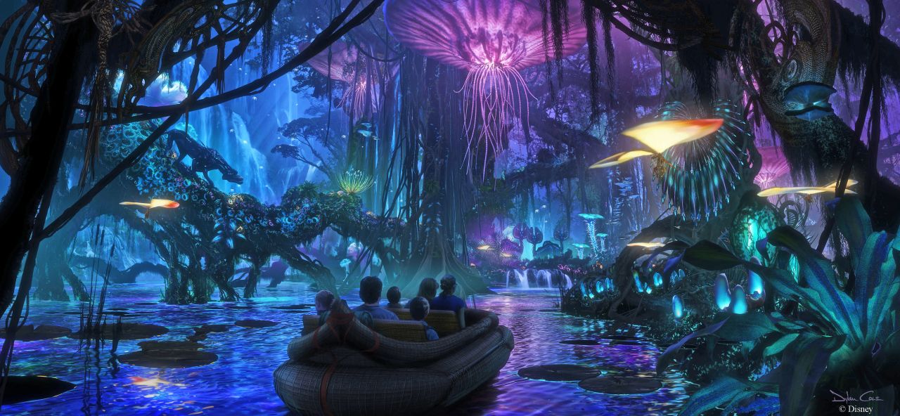 Disney World in Orlando will bring Avatar's blue-peopled planet, Pandora, to life with fantastical rides and the movie's strange jungle atmosphere.