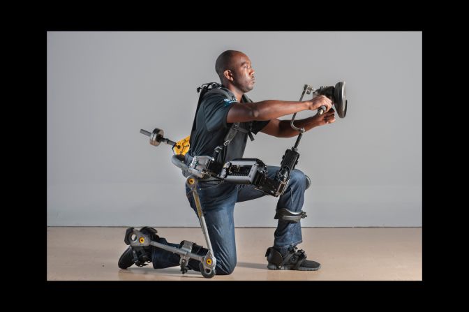 The FORTIS exoskeleton allows the wearer to lift weights up to 36 pounds effortlessly.