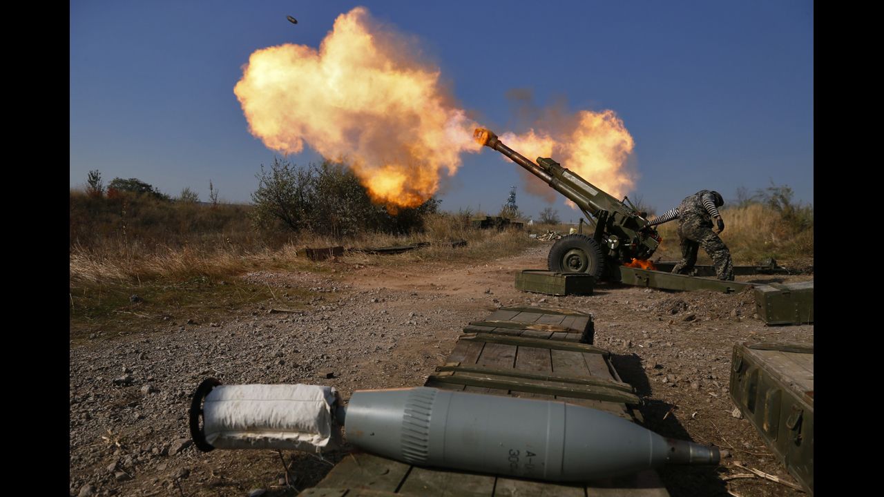 Pro-Russian rebels fire artillery Tuesday, October 14, at Donetsk Sergey Prokofiev International Airport, which is on the outskirts of Donetsk, Ukraine. Fighting between Ukrainian troops and pro-Russian rebels in the country has left more than 3,000 people dead since mid-April, according to the United Nations.