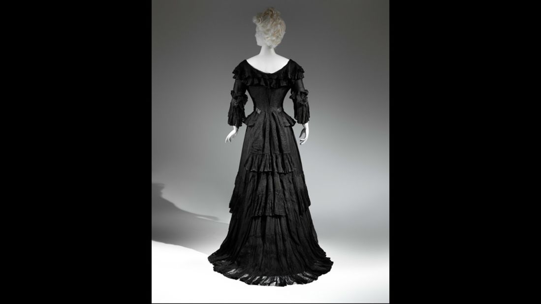 "Mourning fashions typically corresponded to the prevailing silhouette of the day, and followed the general trends in fashionable dress," Regan says. This dress, dated 1902-05, reflects the preference for lighter, airier fabrics at the time. 