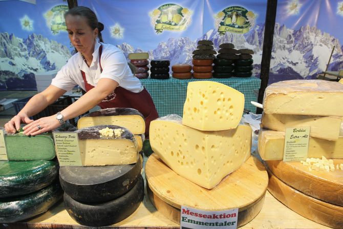 If you're after great cheese, Germany has it sorted. With over 400 varieties, Germany currently produces more cheese than any other country in Europe. An Emmentaler cheese stand is pictured at the Gruene Woche international agricultural trade fair at Messe Berlin.