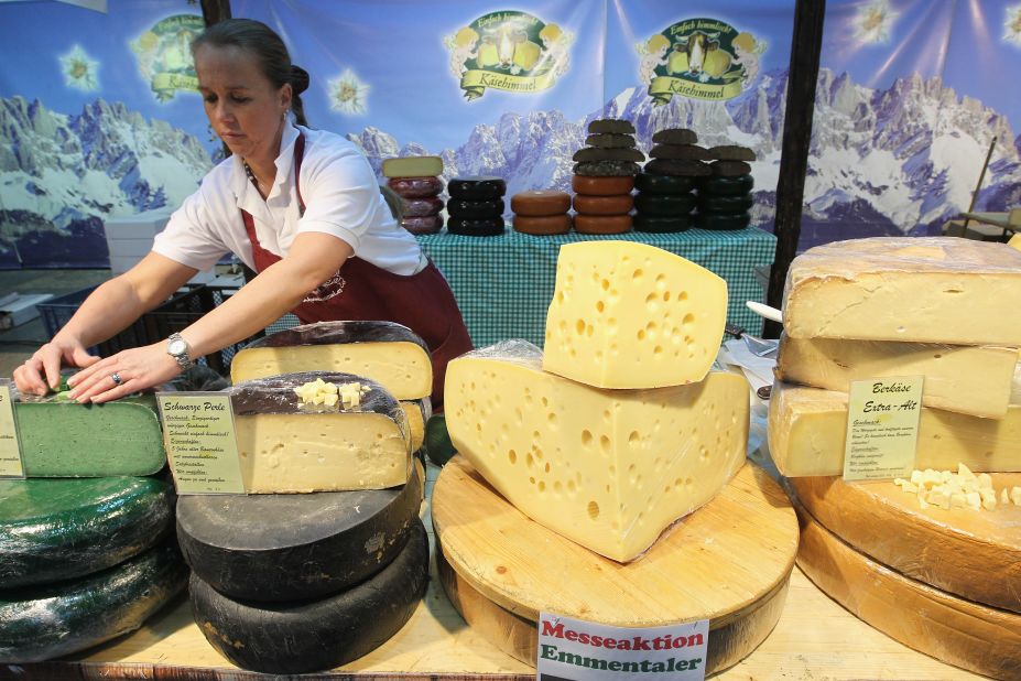 If you're after great cheese, Germany has it sorted. With over 400 varieties, Germany currently produces more cheese than any other country in Europe.  An Emmentaler cheese stand is pictured at the Gruene Woche international agricultural trade fair at Messe Berlin. 