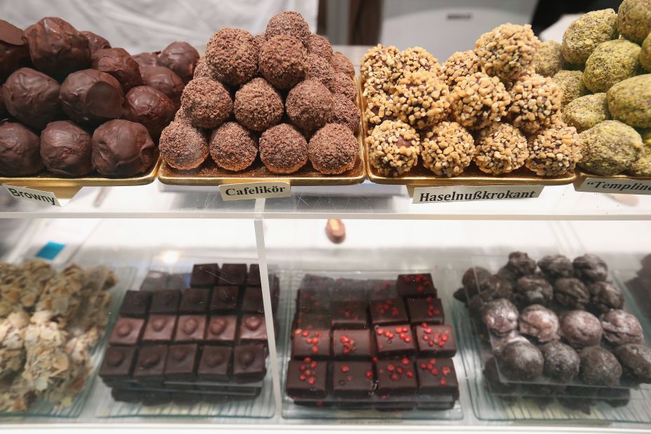 Who doesn't love chocolate? As the mastermind behind Kinder, Milka, Alpia and Ritter Sport, Germany is spoilt for choice. Chocolate truffles made from organic products, pictured, are displayed at the 2013 Gruene Woche agricultural trade fair in Berlin. 