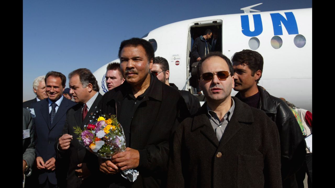 Ali arrives in Kabul, Afghanistan, in November 2002 for a three-day goodwill mission as a special guest of the United Nations. He was appointed as a U.N. Messenger of Peace in 2000.