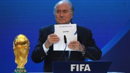 ZURICH, SWITZERLAND - DECEMBER 02: FIFA President Joseph S Blatter names Qatar as the winning hosts of 2022 during the FIFA World Cup 2018 & 2022 Host Countries Announcement at the Messe Conference Centre on December 2, 2010 in Zurich, Switzerland. (Photo by Laurence Griffiths/Getty Images)