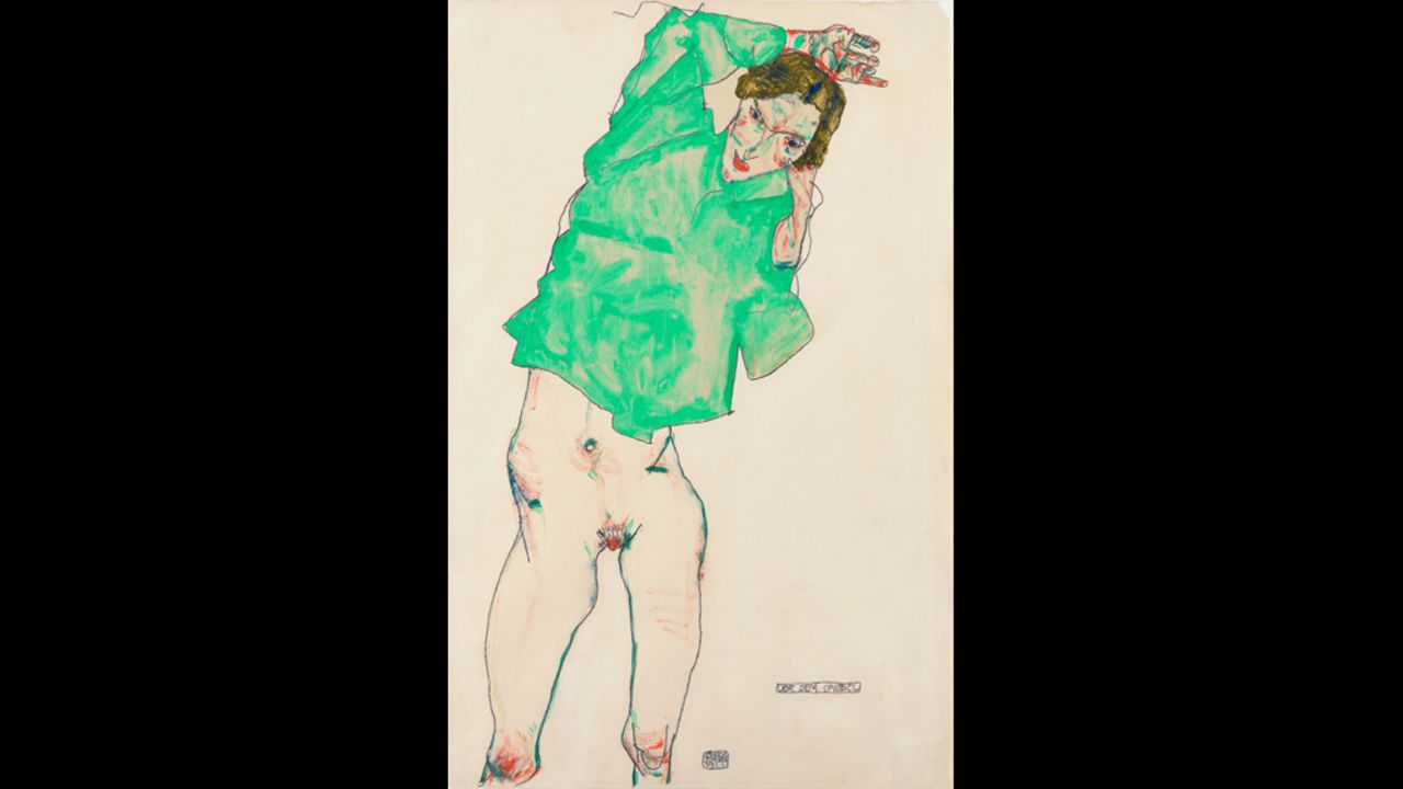 <strong><em>Standing Nude with Stockings, 1914</em></strong><br /><br />Schiele's desire to show the human body in a different light was heavily influenced by Vienna's artistic and intellectual scene at the beginning of the 20th century. Artists, scientists and poets -- from Gustav Klimt and Oskar Kokoschka to Sigmund Freud -- would congregate in cafés to discuss ideas and identity at a time when the city was rapidly expanding and changing.  <br /> <br />"There was a real cross-fertilization of ideas," Wright says. "In their different ways, they were all seeking to understand something behind the bourgeois official facade ... What they were searching for was a truer account of the human experience, human desire, and human emotions."