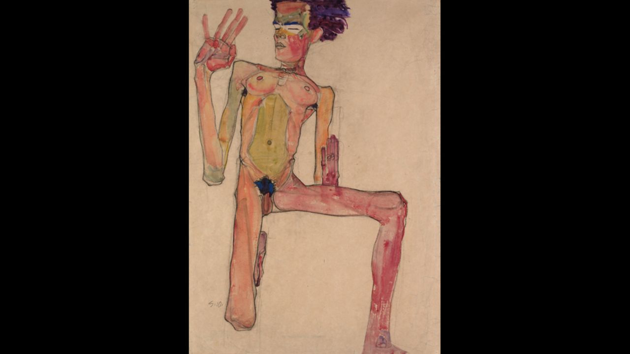 <strong><em>Kneeling Nude with Raised Hands (Self-Portrait), 1910 </em></strong><br /><br />The city's intellectual circles took to him immediately. Though his work wasn't earning him a fortune, Schiele was able to remain afloat thanks to the support of a handful of loyal collectors.<br /><br />"He quickly established himself because of the brilliance of his draftsmanship and his daring approach."