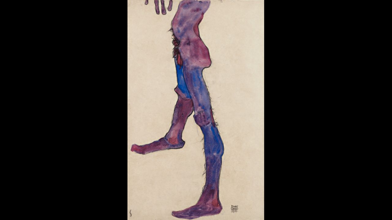 <strong><em>Male Lower Torso, 1910</em></strong><br /><br />Schiele extended this desire to create a new visual language to his use of color.<br /><br />"When he does use those brighter and highly keyed colors, he wants us to engage with the body in a different way. He wanted to make the familiar strange, as it were, and ask us to look again at the human figure."<br /><br />He applied this philosophy outside of the erotic too. In 1910, he was permitted to make nude studies of newborns and their mothers at a Vienna hospital to explore the themes of maternity and pregnancy. (Four of these pieces will be on display as part of the exhibition.)
