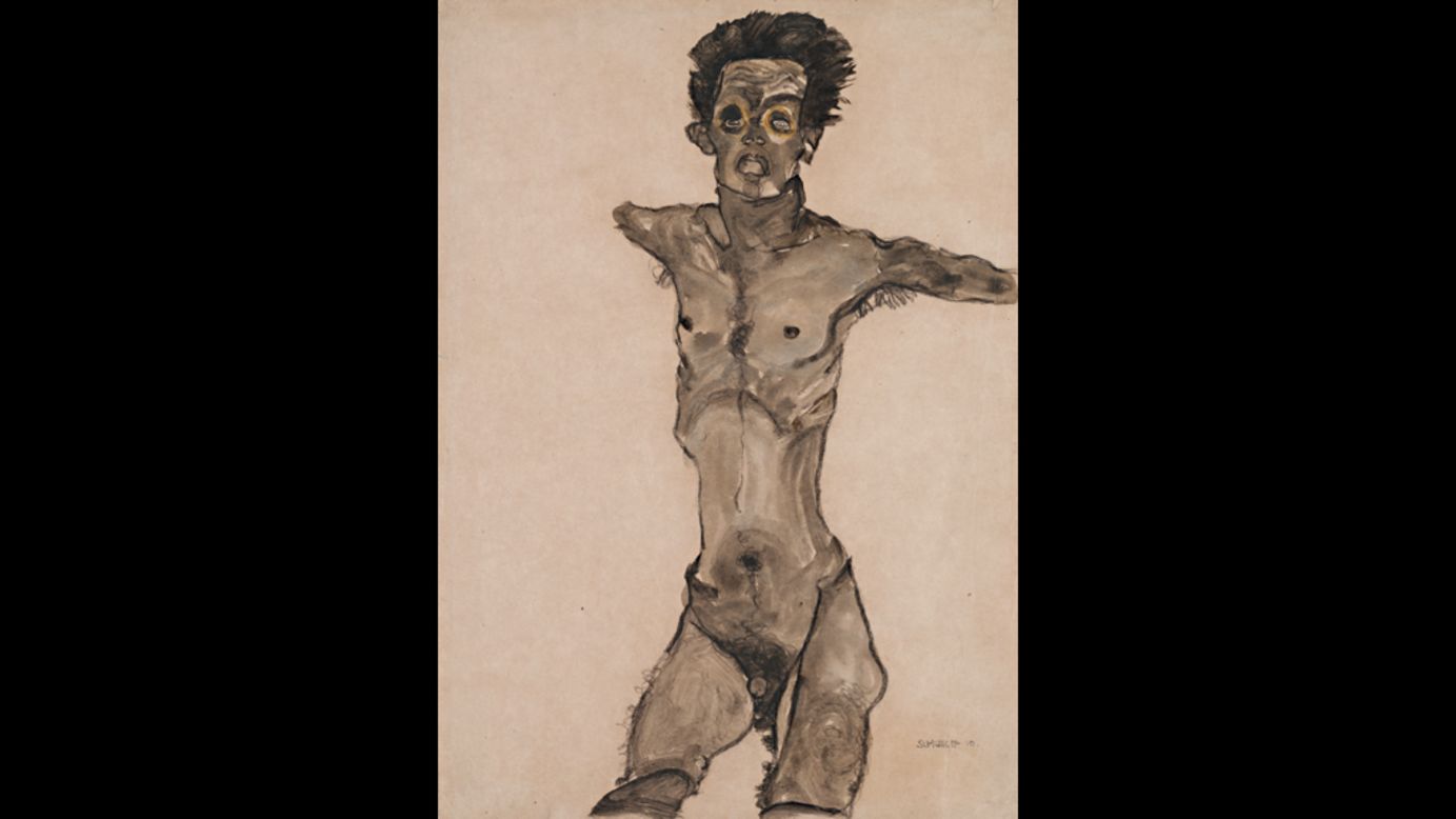 <strong><em>Nude Self-Portrait in Gray with Open Mouth, 1910</em></strong><br /><br />However, with time, Schiele would go on to win the support of key members of the art establishment. <br /><br />"Most of his nudes are not explicit and shocking, and large groups of those nudes were exhibit publicly," Wright says. "From 1915 onwards, they really helped secure his reputation more generally."