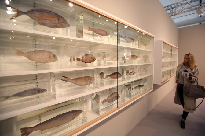 The biggest names of the art world were represented, including Damien Hirst. His sculpture "Because I Can't Have You I Want You" features many fish on shelves.