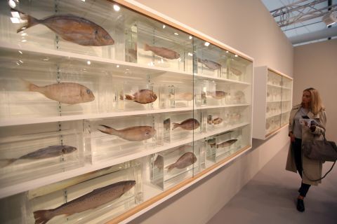 The biggest names of the art world were represented, including Damien Hirst. His sculpture "Because I Can't Have You I Want You" features many fish on shelves.