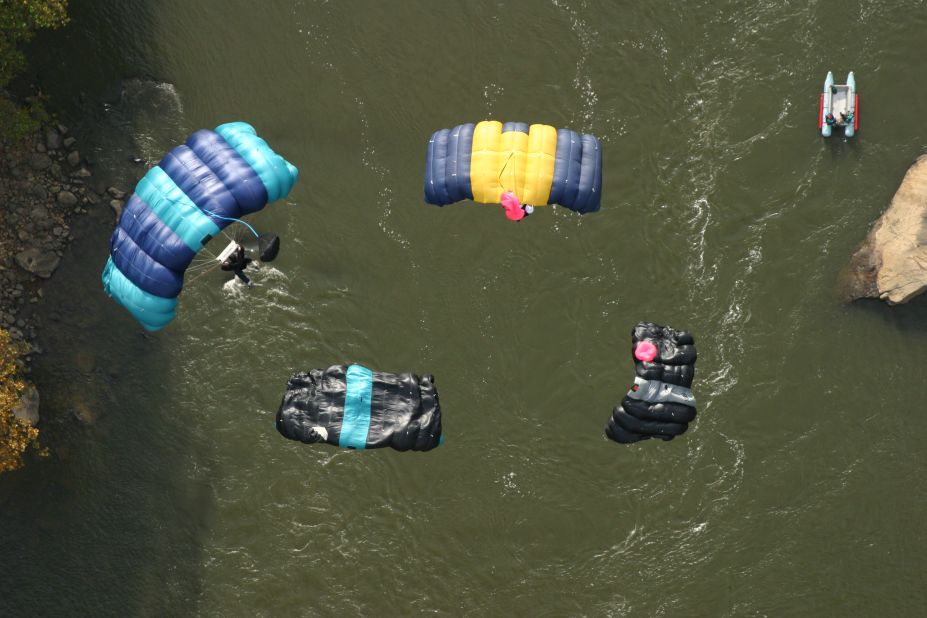 Bridge Day is the only day of the year that jumpers can legally jump off the bridge. Here, four jumpers coordinated their free fall. 