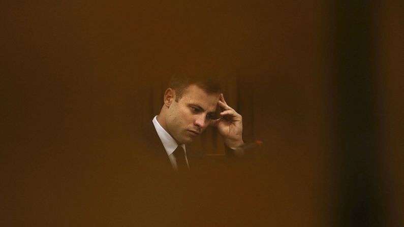 Oscar Pistorius sits in a Pretoria, South Africa, courtroom on Thursday, October 16, the fourth day of his sentencing proceedings. Pistorius, the first double-amputee runner to compete in the Olympics, <a href="http://www.cnn.com/2014/03/03/africa/gallery/pistorius-2014-trial/index.html">was found guilty of culpable homicide</a> in the February 2013 death of his girlfriend, Reeva Steenkamp. Culpable homicide is the South African term for unintentionally, but unlawfully, killing a person.