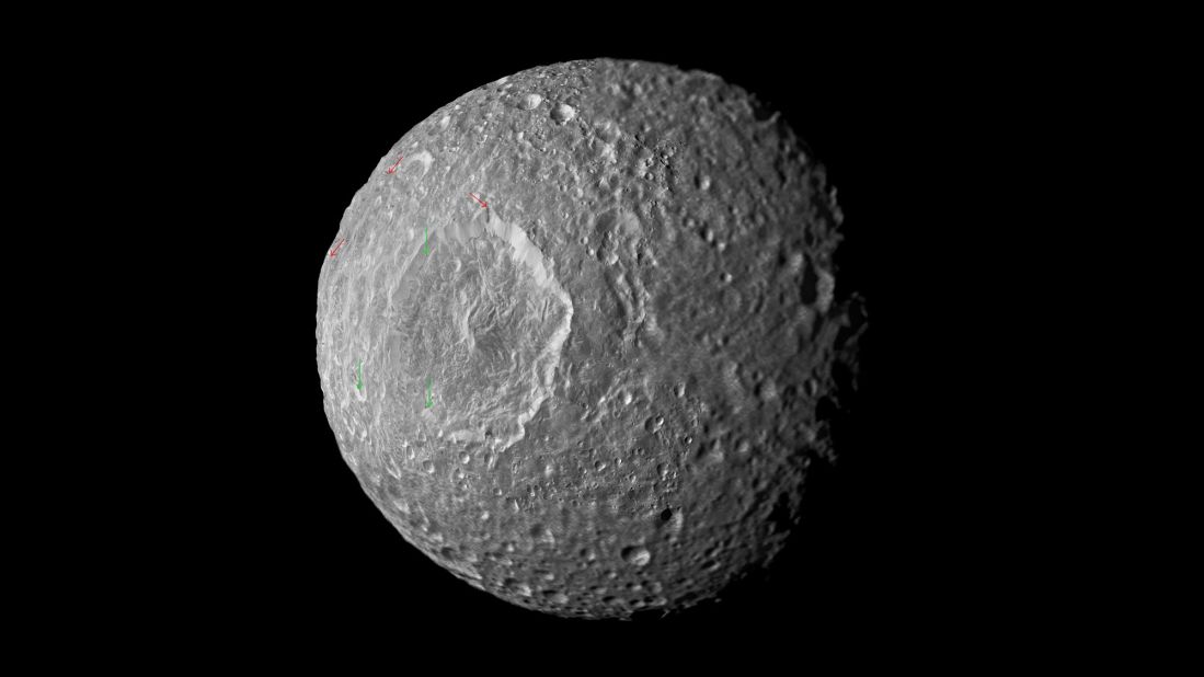 This mosaic of Saturn's moon Mimas was created from images taken by Cassini in February 2010. A recent study indicates the moon may contain a liquid water ocean.
