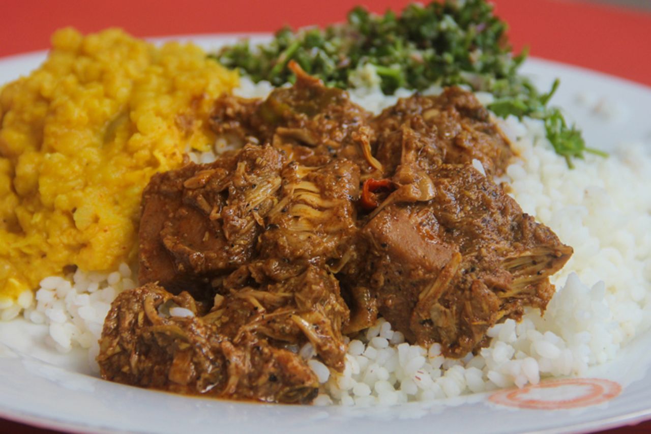 Polos is a Sri Lankan curry prepared with young green jackfruit. It has a starchy texture, similar to cassava or potato. 
