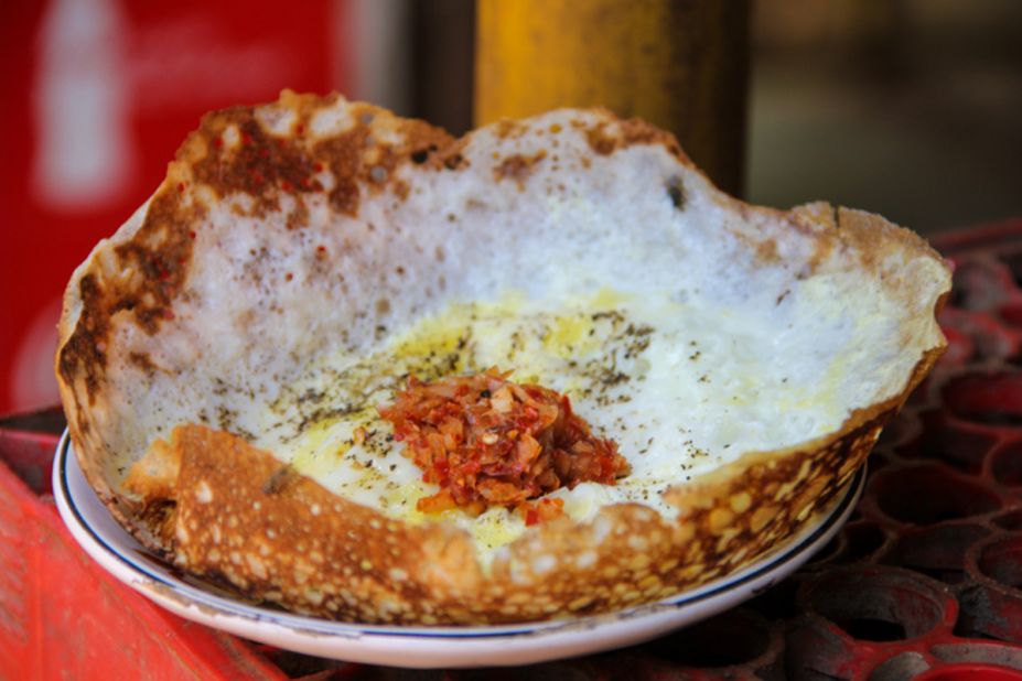 A street food favorite is the egg hopper. Similar to a crepe or pancake, hopper batter is spread thinly over a wok with an egg cracked into the bottom.