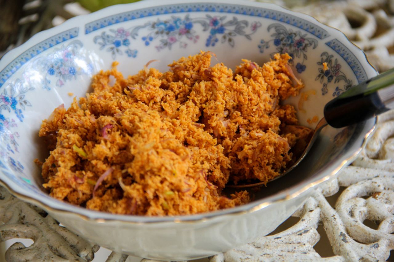 Pol sambol, also known as coconut relish, is a side dish of finely grated coconut with seasoning and Maldive fish served diced or grounded. 
