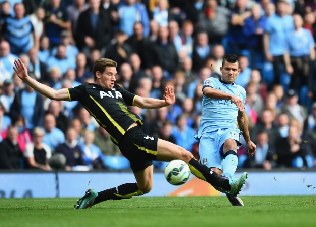 There was no stopping Sergio Aguero as he eludes Jan Vertonghen to slot home his fourth in Man City's 4-1 defeat of Spurs.