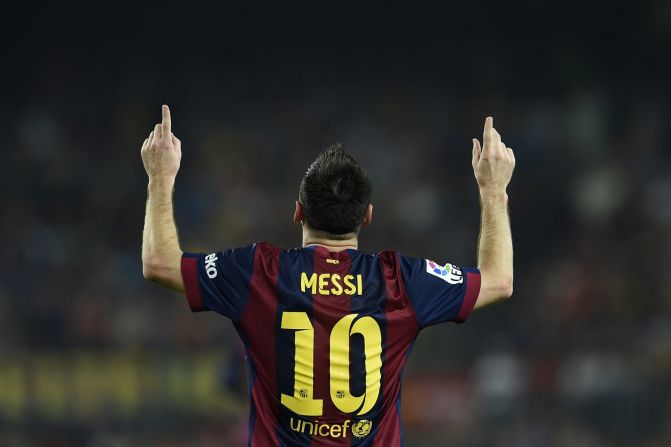 A familiar pose as Lionel Messi celebrates his 250th La Liga goal, one shy of the all-time record, in Barcelona's 3-0 win over Eibar.