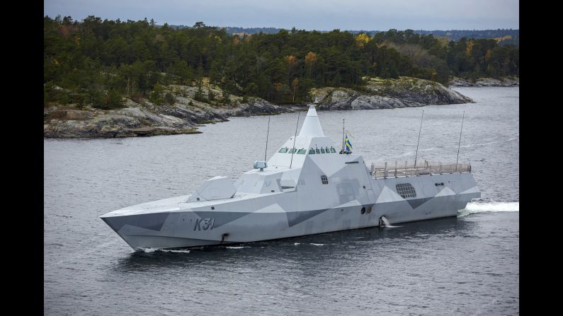 The Swedish Navy corvette HMS Visby patrols the Stockholm Archipelago on October 19. Russia has denied it has any vessel in Swedish waters.