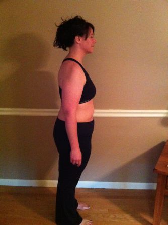 She lost the first 20 pounds easily, by eating smaller portions and exercising at home.