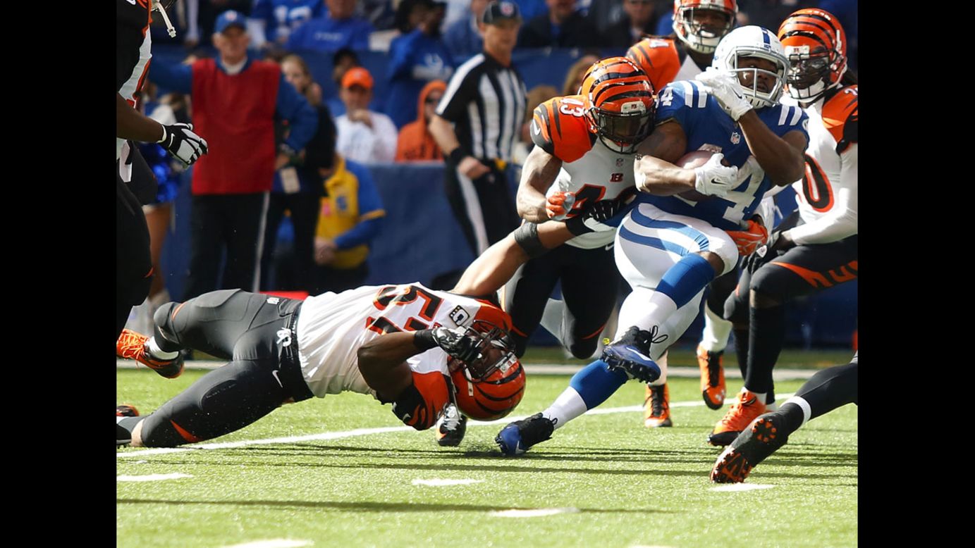 Indianapolis Colts running back Ahmad Bradshaw runs through Cincinnati Bengals on his way to scoring a touchdown Sunday, October 19, in Indianapolis. The Colts blanked the Bengals 27-0.