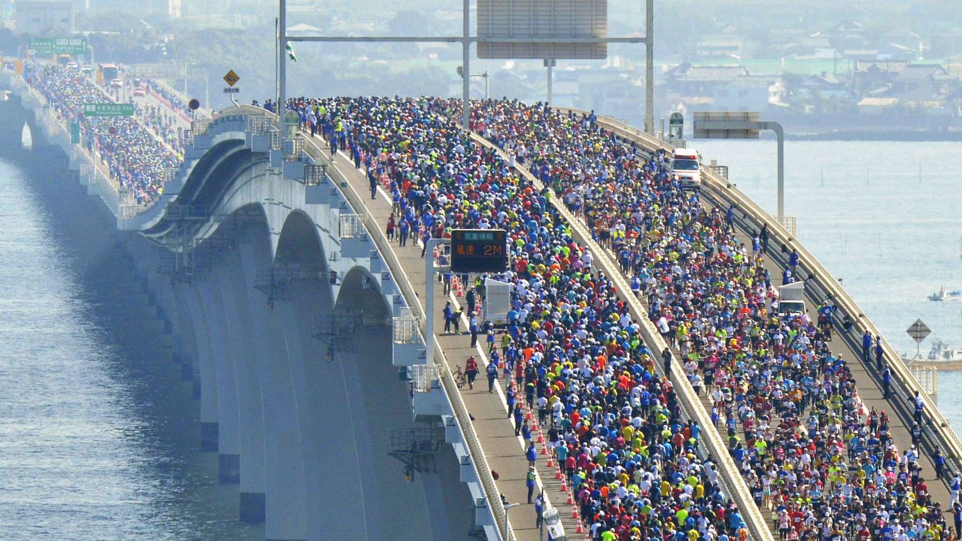 Thousands of runners in Chiba, Japan, take part in the Chiba Aqualine Marathon on Sunday, October 19. The Tokyo Bay Aqualine expressway, seen here, links the Chiba and Kanagawa prefectures across the Tokyo Bay.