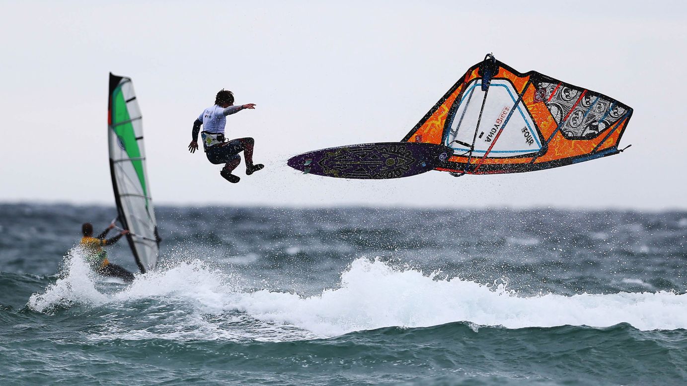 A windsurfer goes flying Wednesday, October 15, during the Tiree Wave Classic in Tiree, Scotland.
