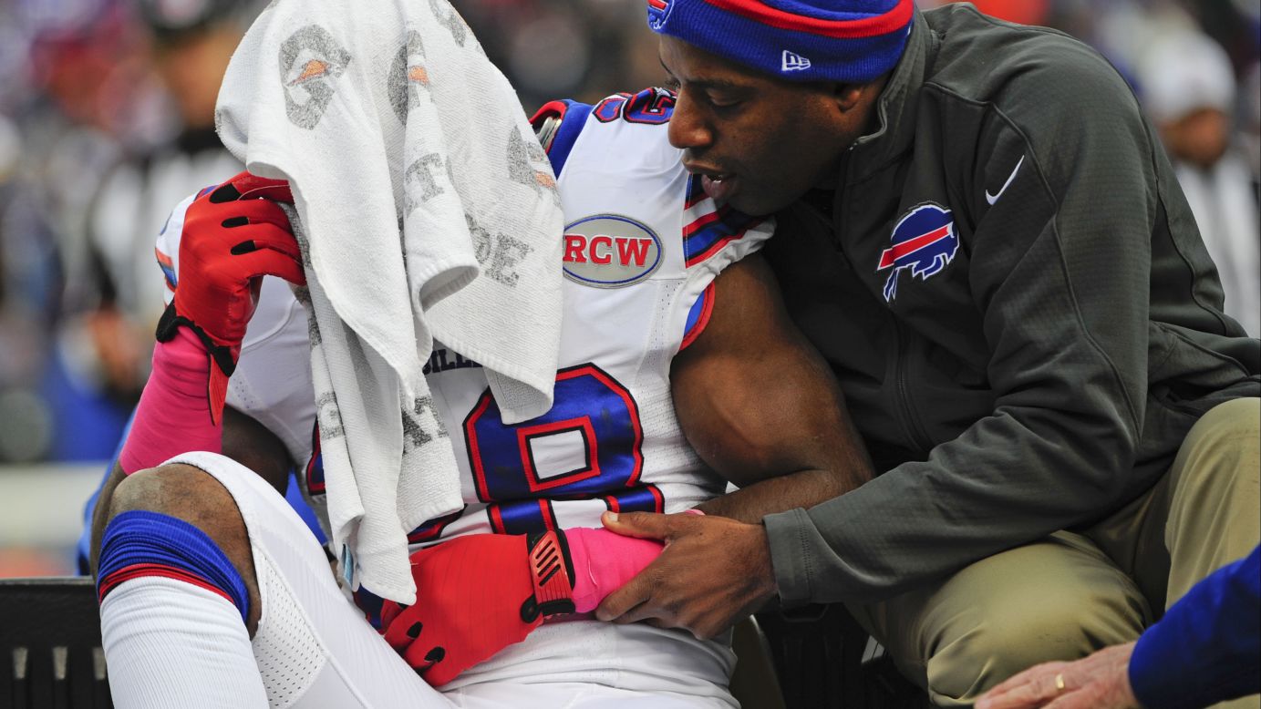 Buffalo Bills running back C.J. Spiller is comforted as he is carted off the field Sunday, October 19, in Orchard Park, New York. Spiller broke his collarbone against Minnesota and will miss the rest of the season.