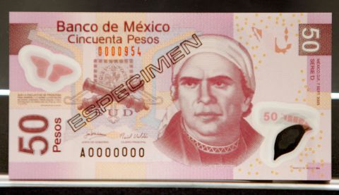 Mexico (pictured), Mozambique, Northern Ireland, Costa Rica and Lebanon are just a few of the nations to introduce polymer banknotes. Part of the polymer film is often left clear to give a transparent window in the banknote, making forgeries more difficult. Additional security features can be embedded into the polymer note.