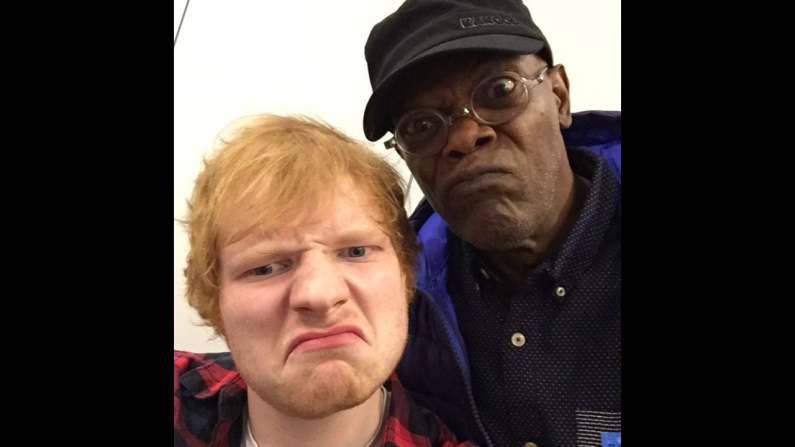 Musician Ed Sheeran, left, and actor Samuel L. Jackson make mean faces for the camera. "Chilling with mace windu," Sheeran <a href="http://instagram.com/p/uQEaWykpA2/?modal=true" target="_blank" target="_blank">wrote on Instagram</a> on Friday, October 17, referring to Jackson's character in the "Star Wars" film series.