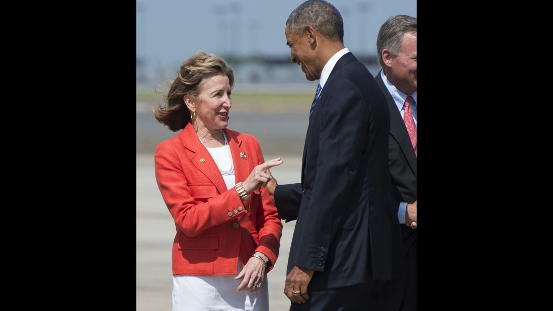 President Barack Obama greets Hagan after arriving in Charlotte in August.