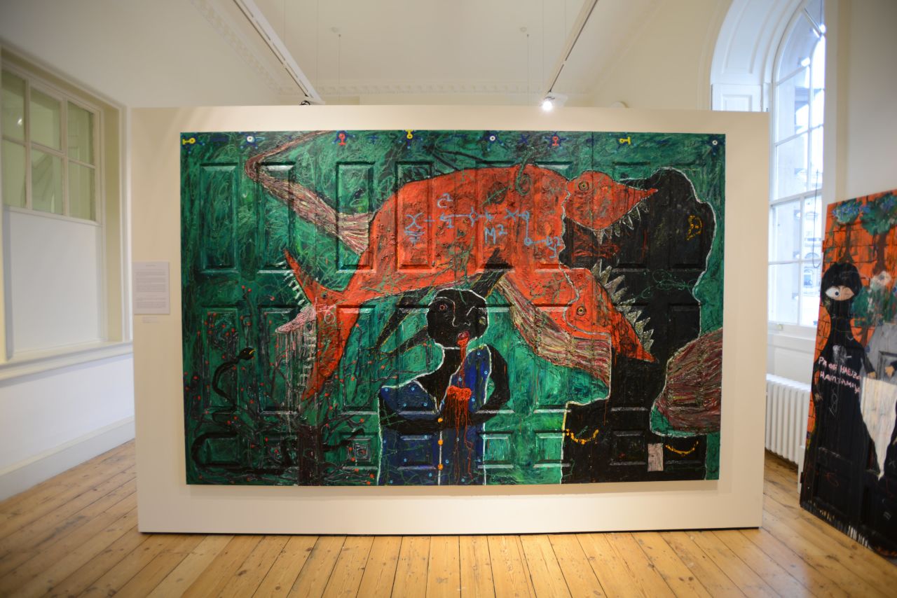 <em>The Prowess of a Mutant Underdog, Adjani Okpu-Egbe, 2014</em><br /><br />Cameroon artist Adjani Okpu-Egbe uses mixed media to reflect on his personal relationships. In The Power of a Mutant Underdog, he depicts his tumultuous relationship with his father, who disapproved Okpu-Egbe's choice to pursue an art over a career in business. Today, Okpu-Egbe uses profits from his art to pay for his ailing father's health and hospital stays, a subject that is also addressed in his paintings.