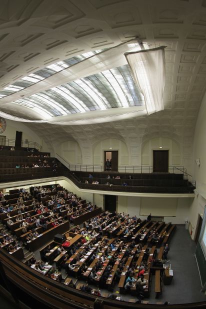 The University of Leipzig is also famous for its early twentieth century architecture and modern buildings. A large lecture theater on the main campus is pictured. 
