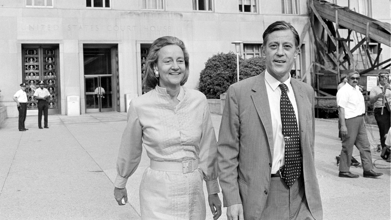 Katharine Graham, publisher of The Washington Post, and Bradlee leave U.S. District Court in Washington on June 21, 1971. The newspaper got the go-ahead to print the Pentagon Papers series on the Vietnam War.  Later, the U.S. Court of Appeals extended for one more day a ban against publishing the secret documents. 