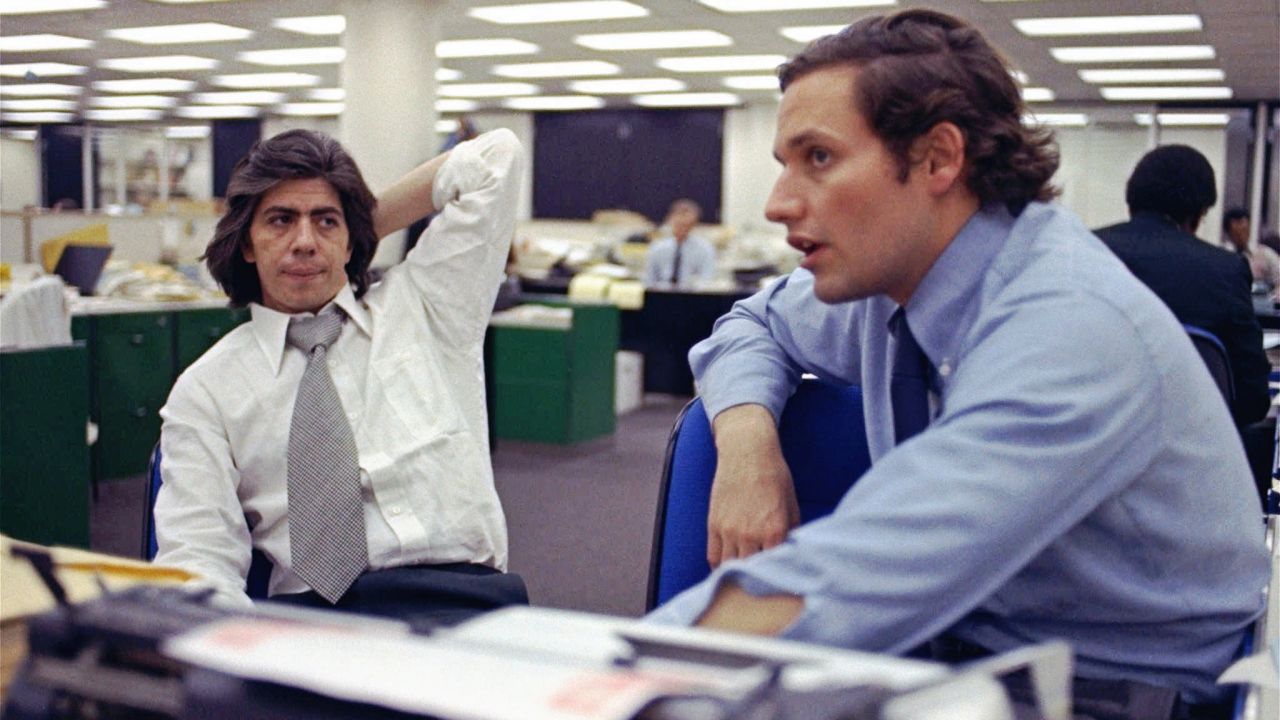 Reporters Carl Bernstein, left, and Bob Woodward in the newsroom in 1973, during the Washington Post's ongoing coverage of what became known simply as Watergate.