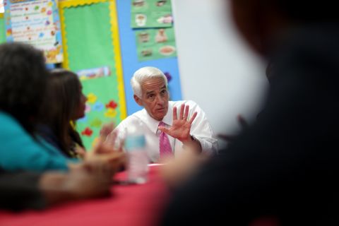 Crist meets with teachers and parents during a campaign stop in Pembroke Park, Florida, in September. Crist used to be a Republican, but he joined the Democratic Party in 2012.