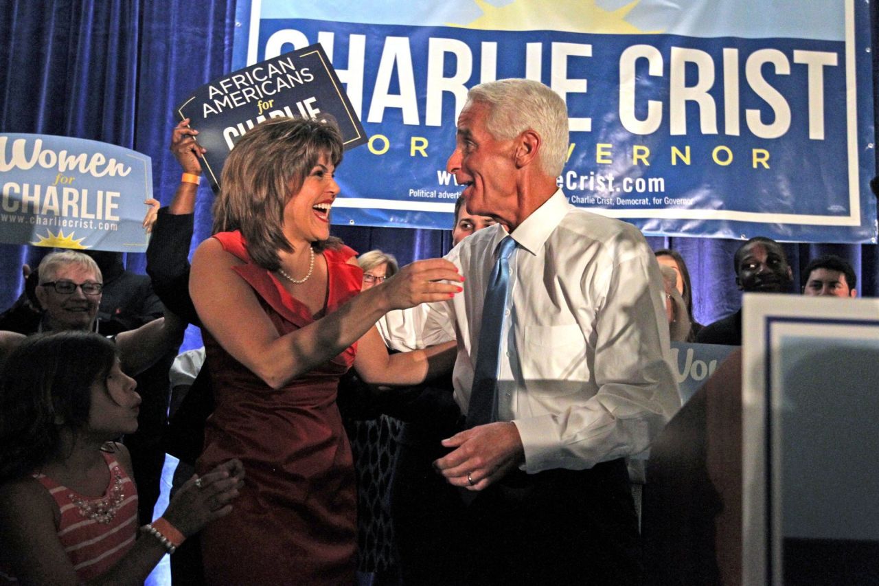Crist hugs his running mate, Annette Taddeo-Goldstein, shortly after winning the Democratic primary in August.