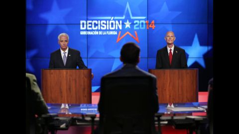 The candidates' second televised debate was overshadowed by "Fangate," when Scott refused to go on stage for seven minutes after he discovered Crist had a fan under his podium.