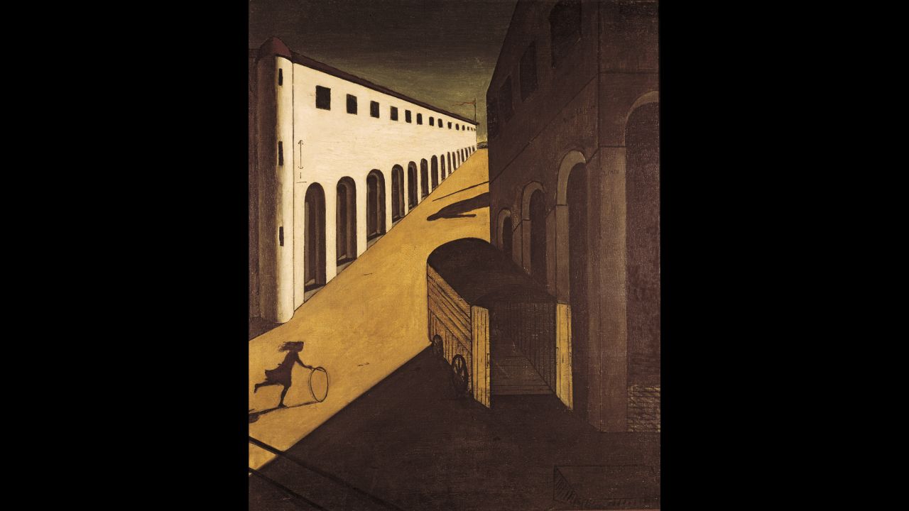Not all European artists expressed the period's anxieties in the same manner. Giorgio de Chirico's "Melancholy and Mystery of a Street" (1914) conjures post-apocalyptic stillness and disquieting anticipation.  A girl rolls her hoop across a sunny square, unaware of the hearse that looms in shadow -- the metaphor, perhaps, of a continent hurtling toward the void.