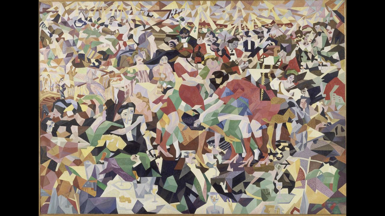 Gino Severini was among the painters of the Futurist movement that would flourish during the war, reflecting the mechanized violence of the time. Futurists served as avant-gardists in the literal military sense, says art historian Ara Merjian, underscoring the war's inseparability from various aesthetic phenomena. This is his pre-WWI Cubist collage "La Danse du Pan Pan au Monico."