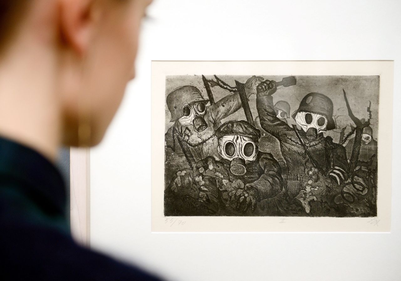 Victorian imagery was inadequate to express World War I's anxieties, so new experiments took up the task, with artists incorporating aggressive imagery of combat and its ruinous consequences. Here a visitor to the Kunstmuseum in Stuttgart, Germany, examines Otto Dix's 1924 "Storm Troopers Advancing Under Gas." 