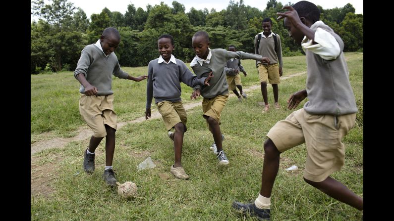 Students play soccer at Sanawari Primary School in Arusha, Tanzania.
