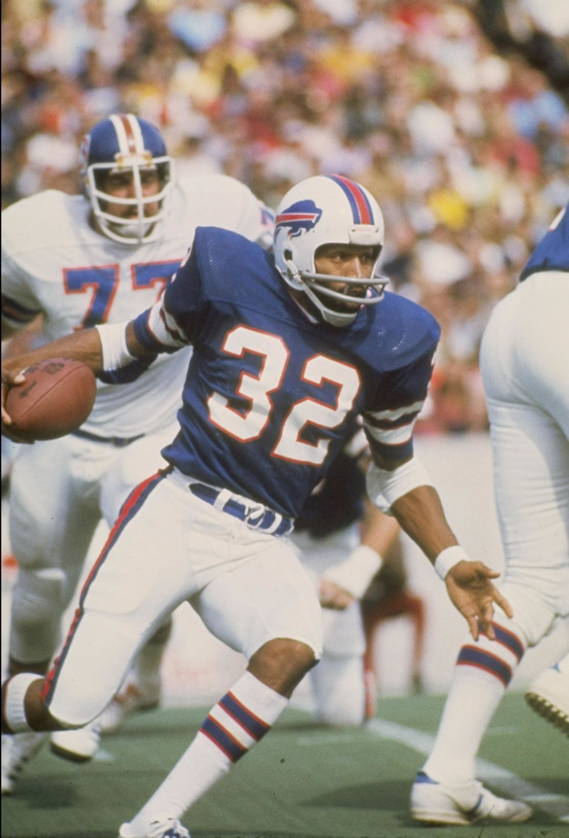 O.J. Simpson of the Buffalo Bills in action during a game against the Denver Broncos at Rich Stadium in New York.