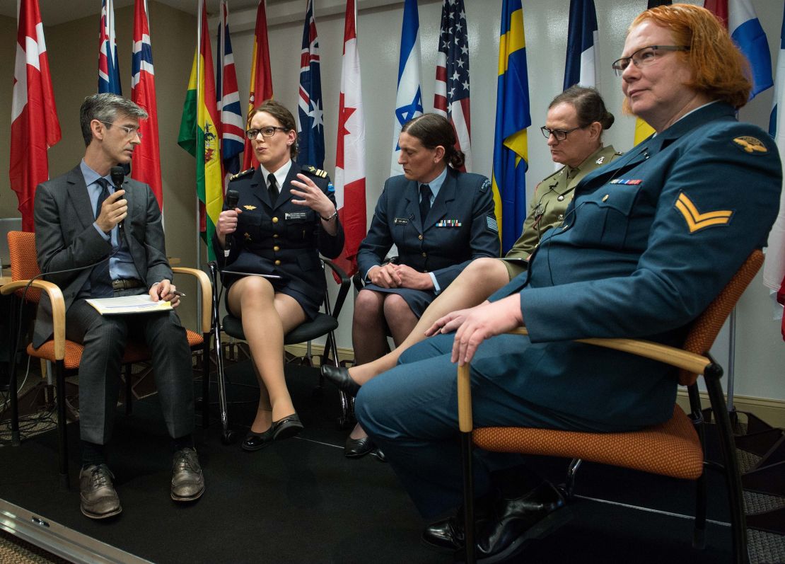 Ttransgender Maj. Alexandra Larsson of the Swedish Armed Forces, from left, speaks alongside fellow transgenders Sgt. Lucy Jordan of the New Zealand Air Force, Maj. Donna Harding of the Royal Australian Army Nursing Corps and Corp. Natalie Murray of the Canadian Forces at a conference on transgenders in the military in Washington, D.C.