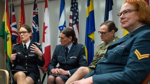 Ttransgender Maj. Alexandra Larsson of the Swedish Armed Forces, from left, speaks alongside fellow transgenders Sgt. Lucy Jordan of the New Zealand Air Force, Maj. Donna Harding of the Royal Australian Army Nursing Corps and Corp. Natalie Murray of the Canadian Forces at a conference on transgenders in the military in Washington, D.C.