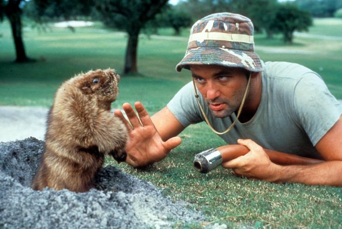 "In the immortal words of Jean Paul Sartre, 'Au revoir, gopher." Bill Murray eye to eye with a groundhog in a scene from the film "Caddyshack."