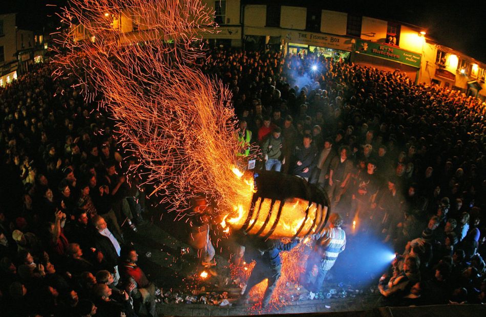 Every year on November 5, flaming barrels of tar are carried through the streets of Ottery St. Mary in southwestern England.